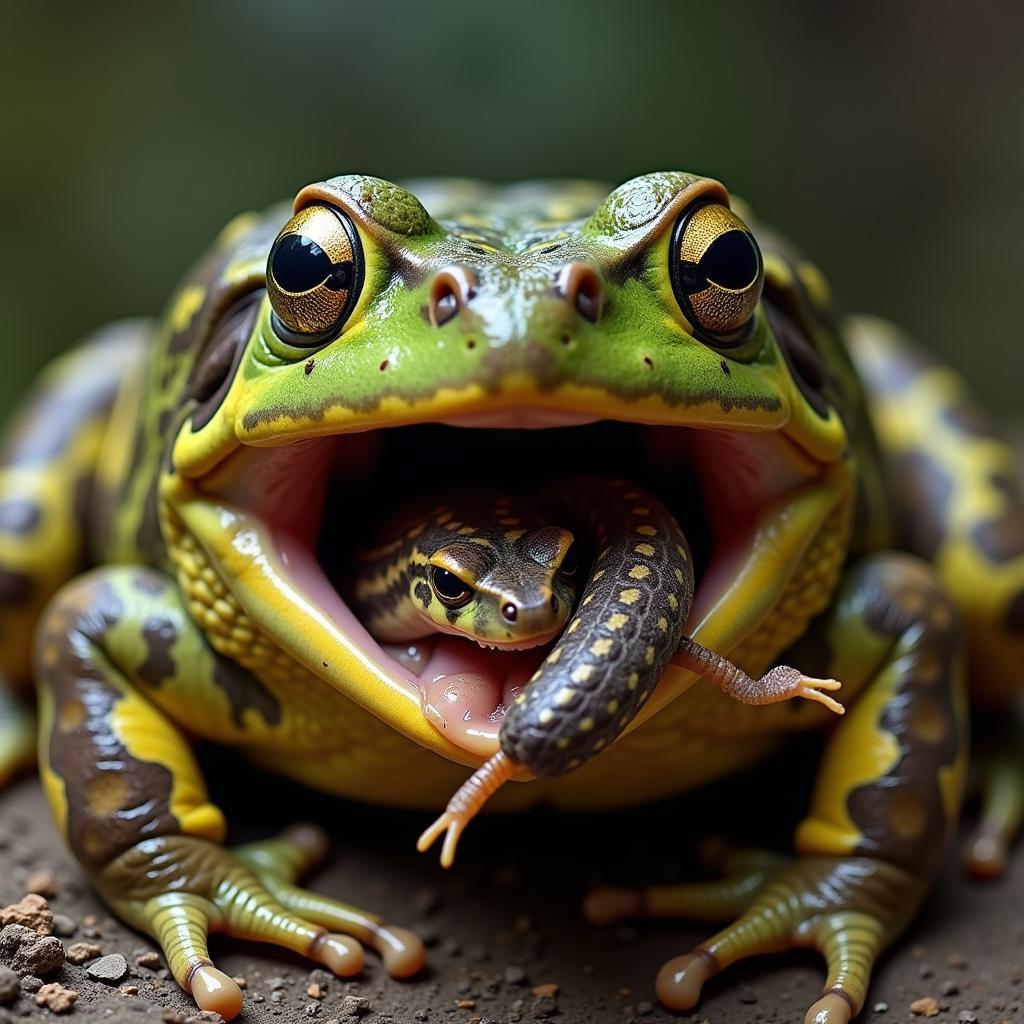 African bullfrog swallowing a snake