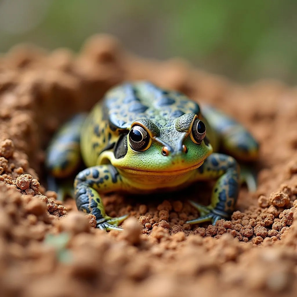 African bullfrog camouflaged in its natural habitat