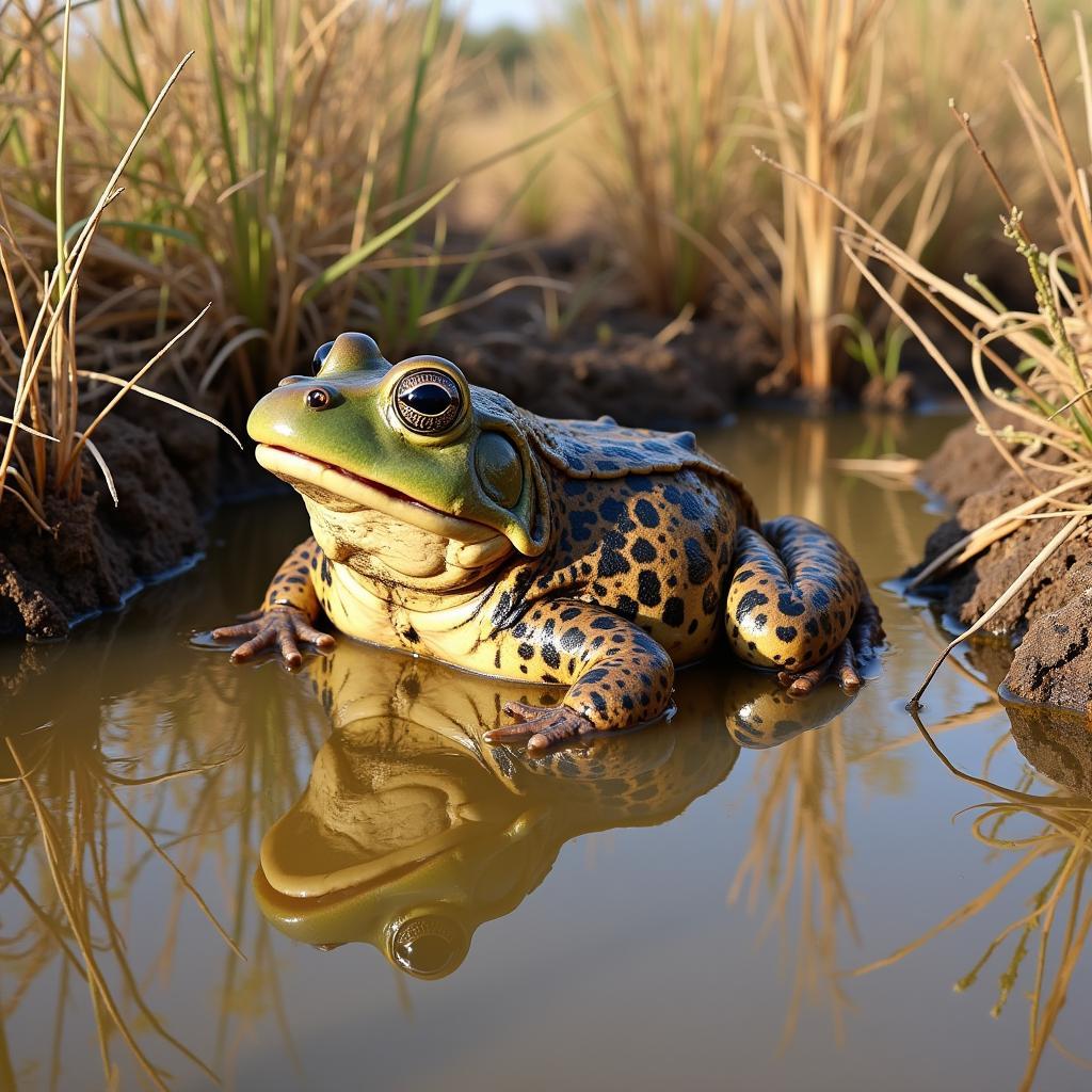 African bullfrog camouflaged in savanna grassland