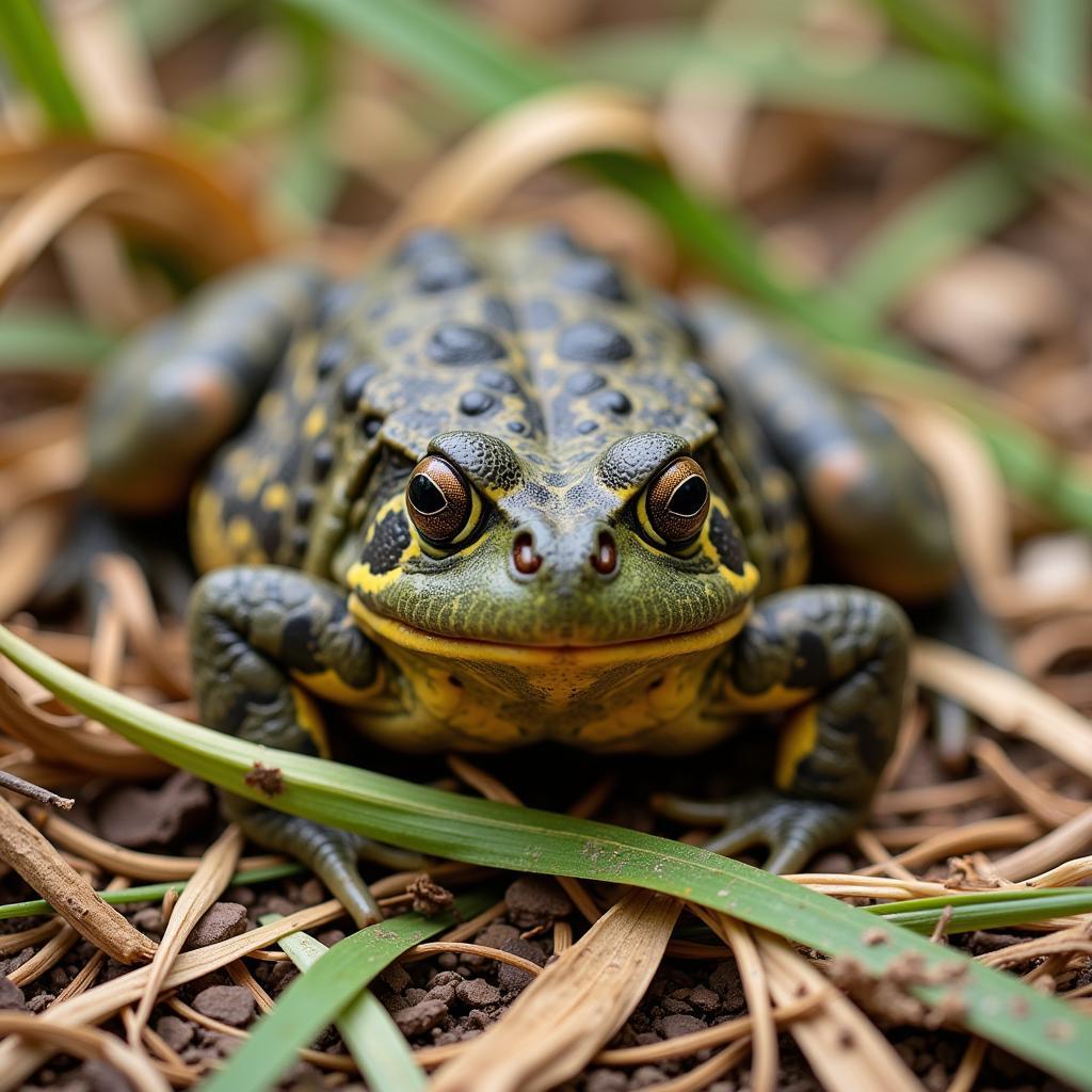 African bullfrog camouflaged in its natural habitat