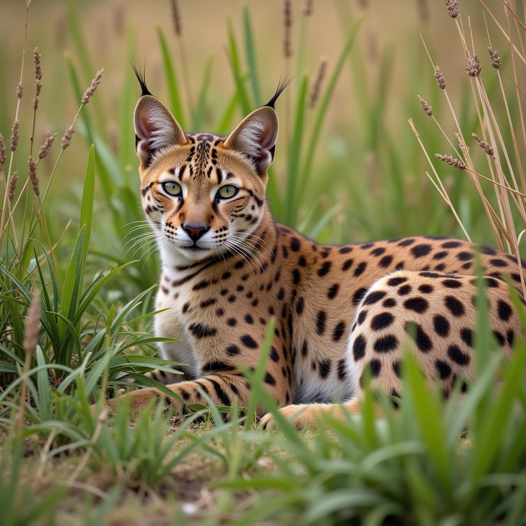 African Bush Cat Camouflaged in Grassland