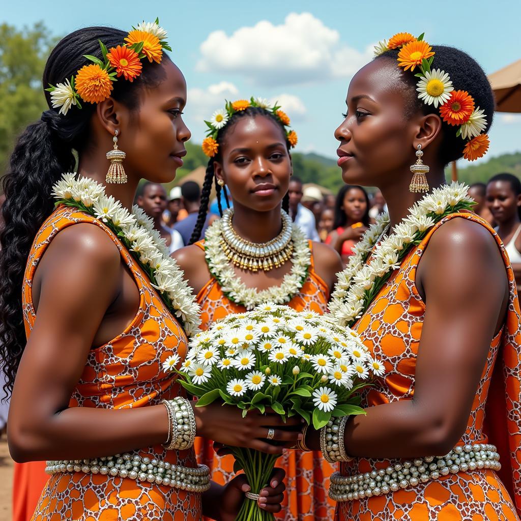 African Bush Daisy in Traditional Ceremony: A depiction of African bush daisies being used in a traditional ceremony.