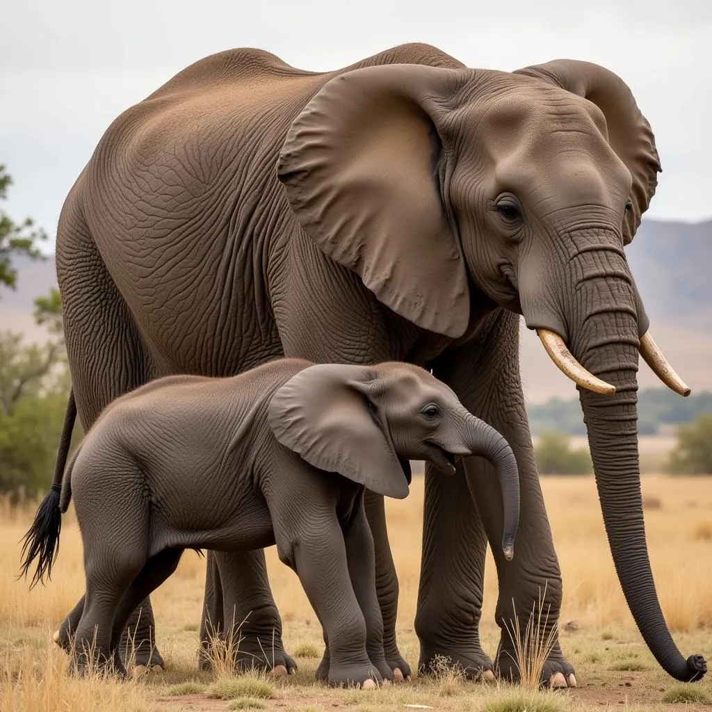 African Bush Elephant Calf with its Mother