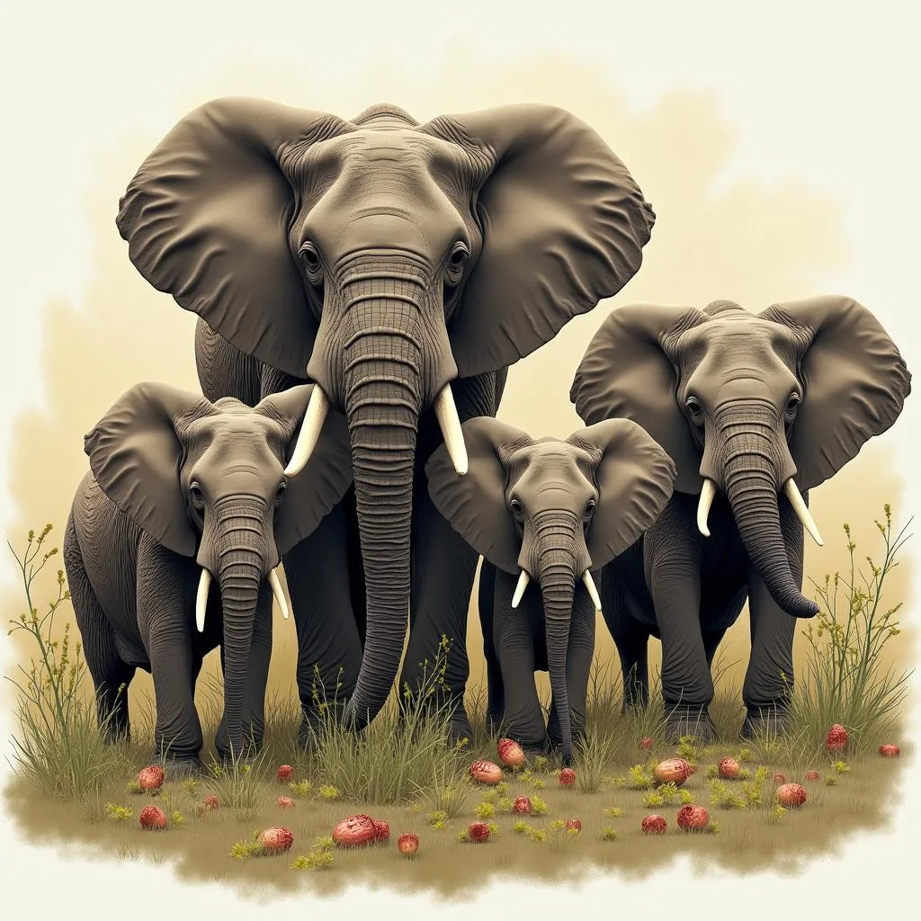 African Bush Elephant Family Group Feeding