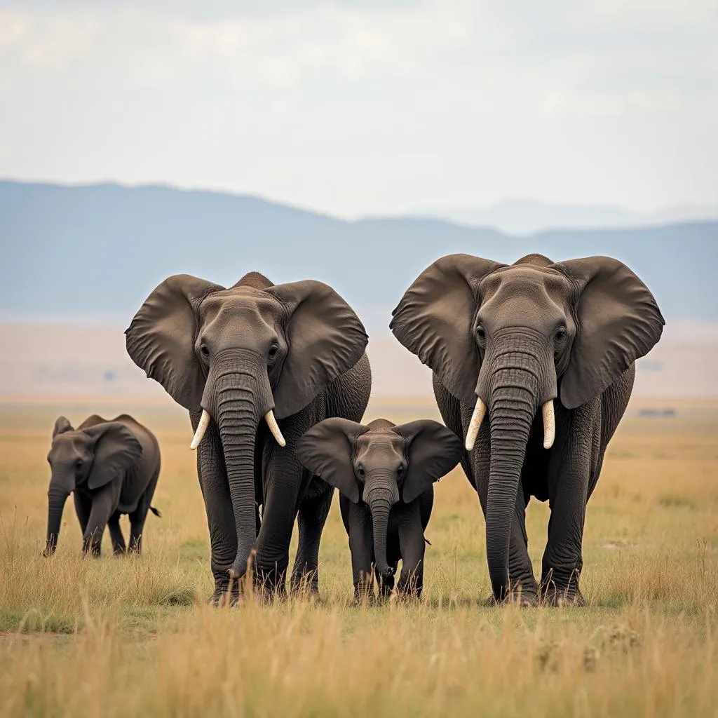 African bush elephant family group in the savannah