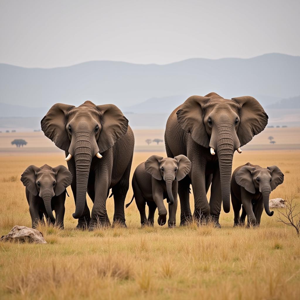 African Bush Elephant Family Group in Savannah