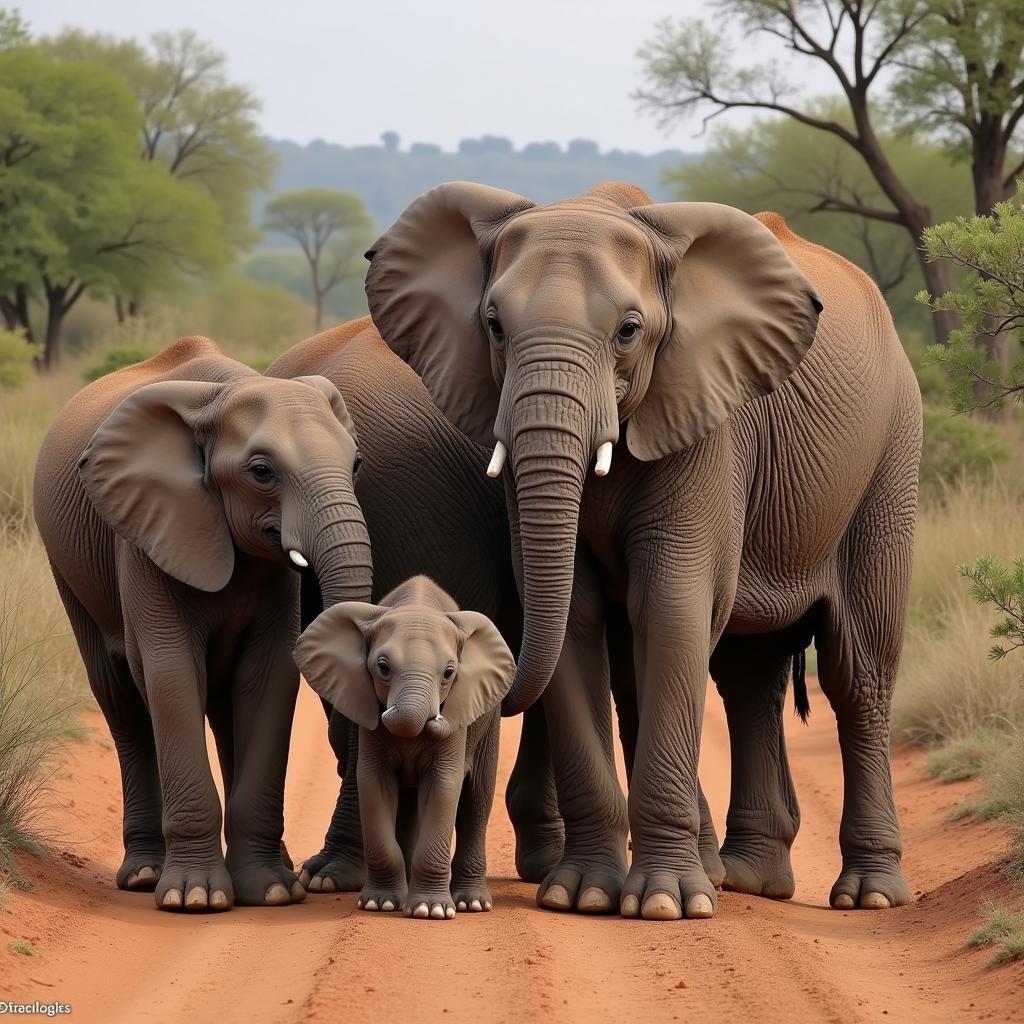 African Bush Elephant Herd with Calf