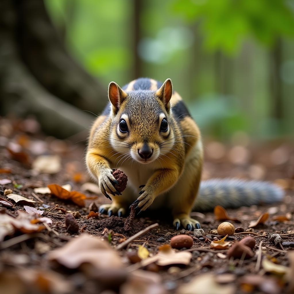 African bush squirrel searching for food on the ground