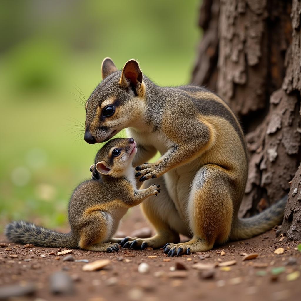 Mother African bush squirrel with her offspring