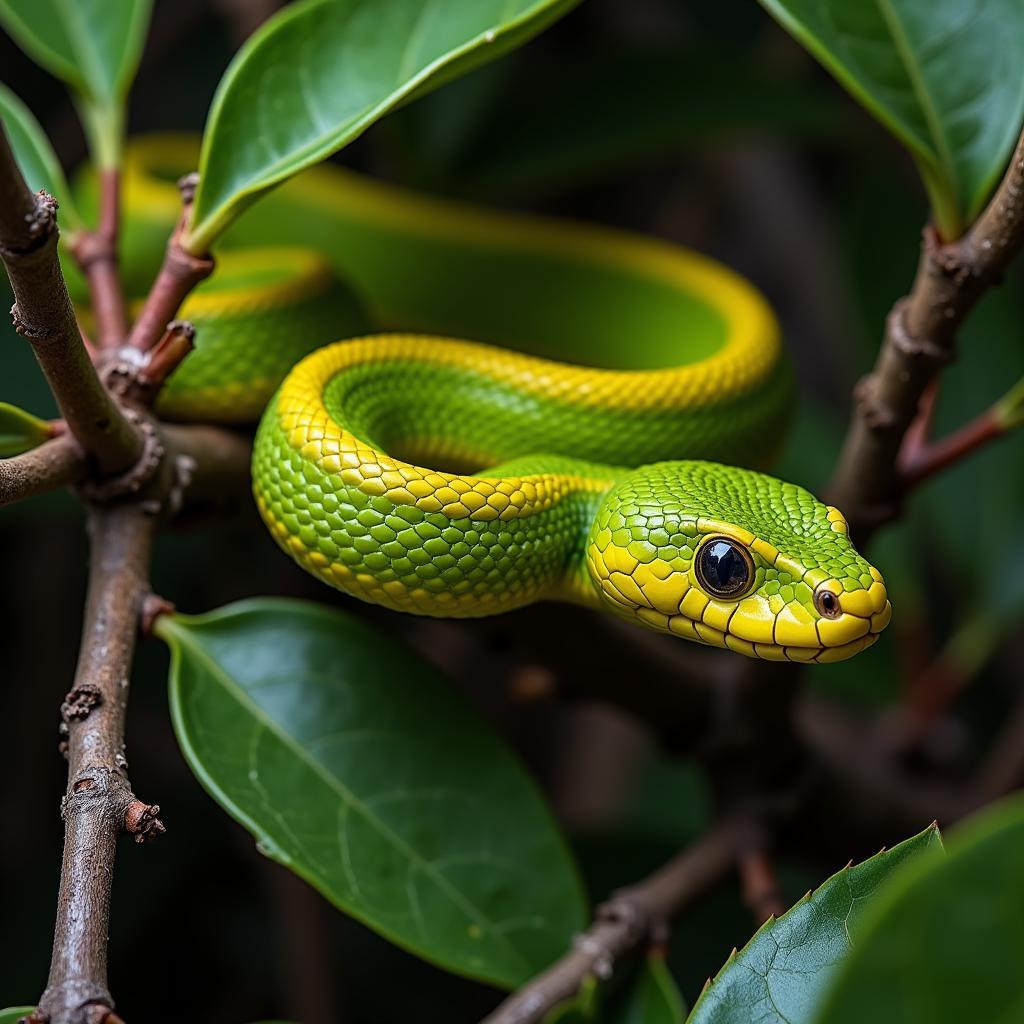 African Bush Viper Camouflaged in Foliage