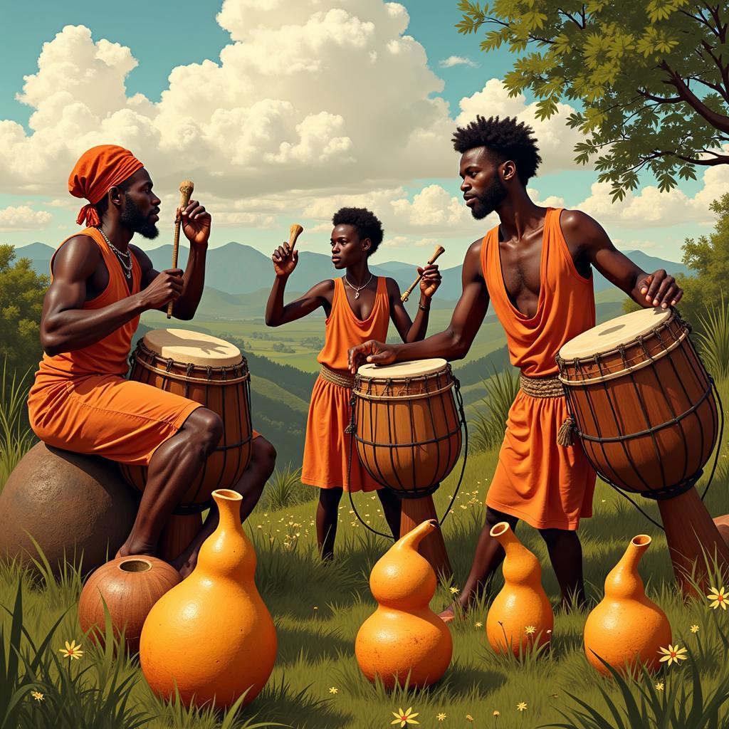 African Musicians Playing Gourd Instruments