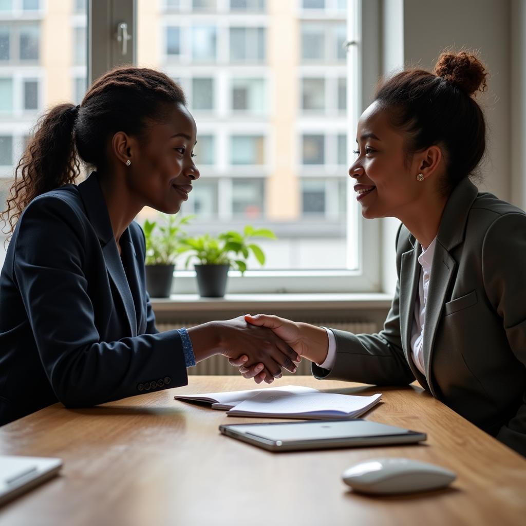 Business partners shaking hands across a table