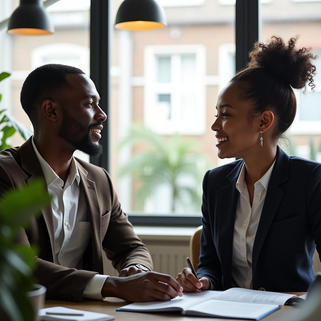 An African entrepreneur discusses business insurance with an advisor