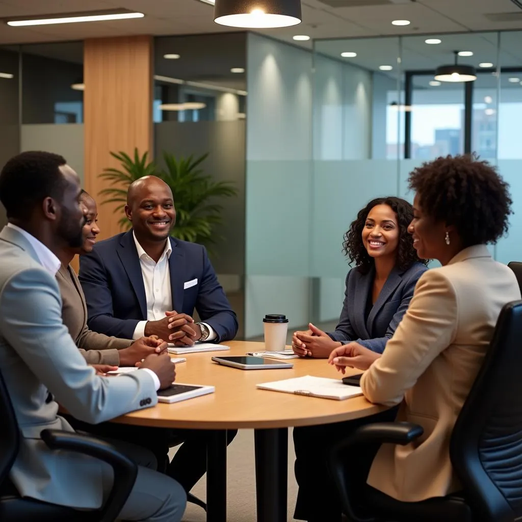 Group of diverse African business professionals in a meeting at a bank