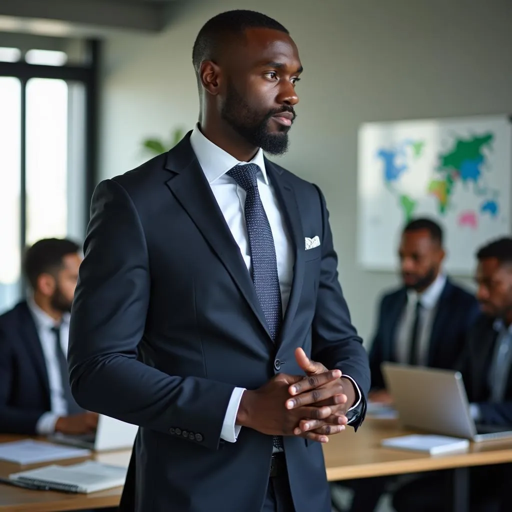 African Businessman Leading a Meeting in a Modern Office