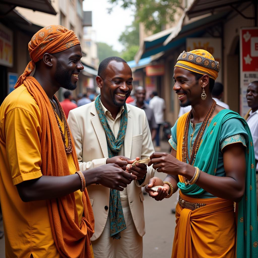 African Businessmen Exchanging Currency in India