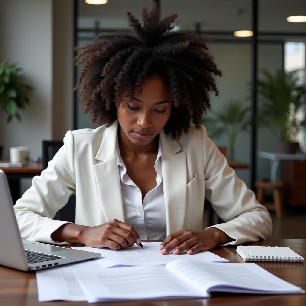 An African businesswoman meticulously reviewing Afreximbank tender documents at her desk