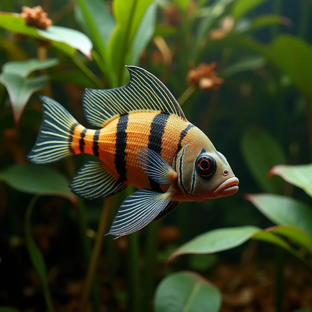 African butterfly fish camouflaged among aquatic plants in its natural habitat