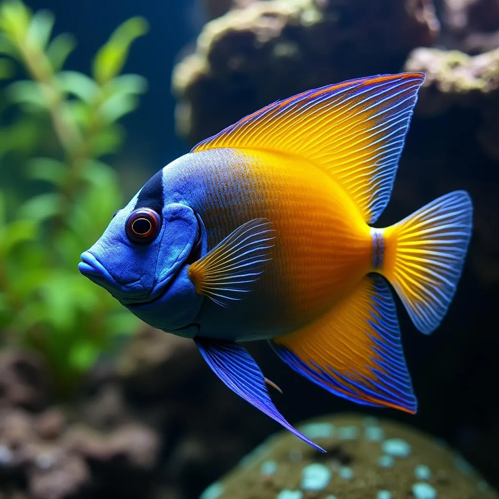 African butterfly fish with its distinctive pectoral fins in a planted aquarium