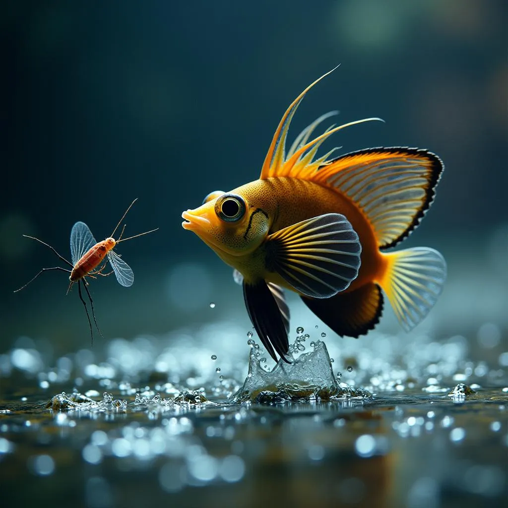 African butterfly fish leaping from water surface to catch insect