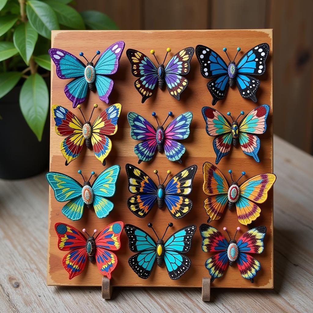 Finished African Butterfly Hair Clip Blanks Displayed on a Wooden Stand