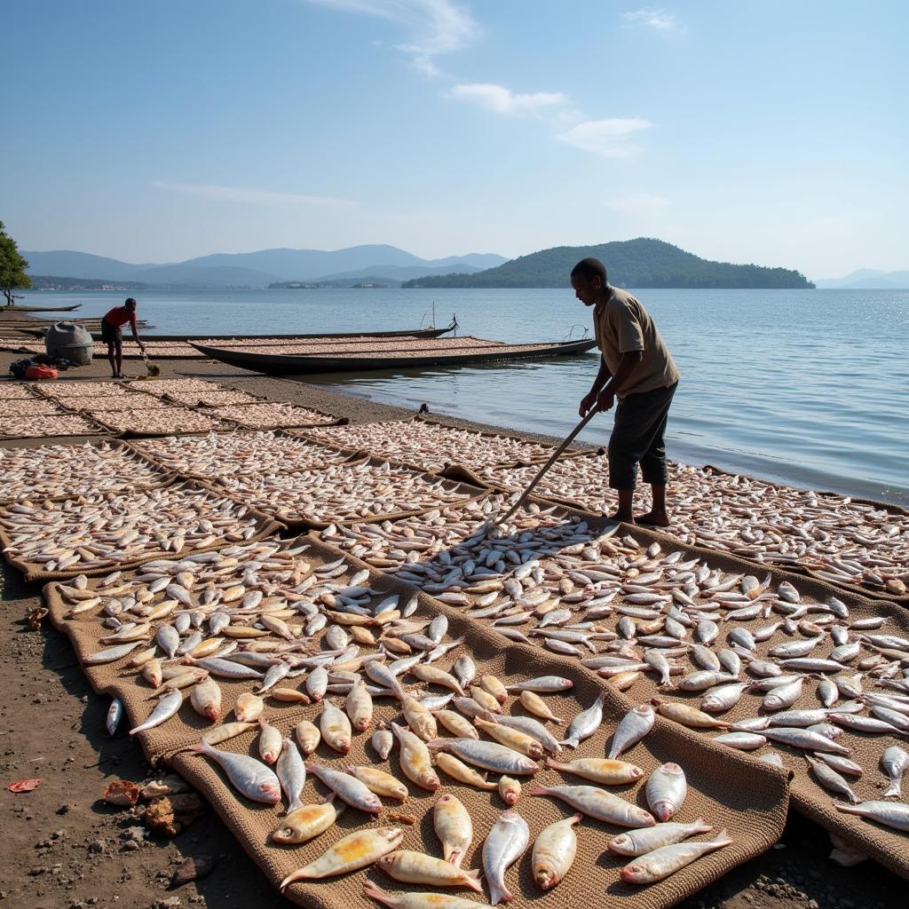 African Buzh Fish Drying Process at Lake Tanganyika