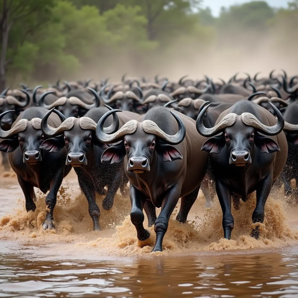 Herd of African Cape Buffalos Crossing a River