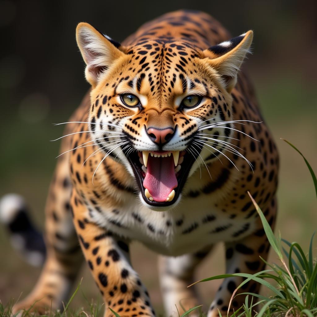 African Cat Baring Fangs in Defense