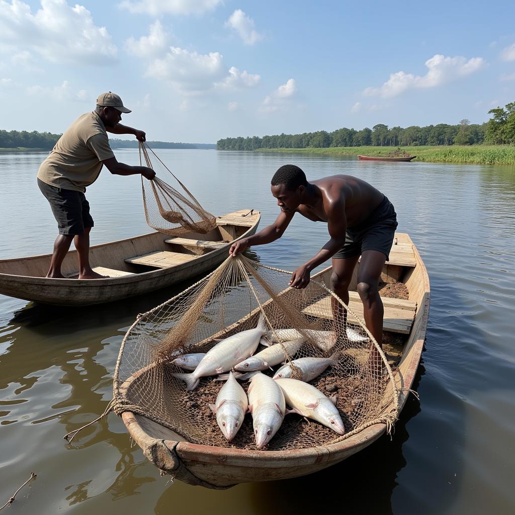 Fishermen hauling in a net full of African catfish from the Congo River