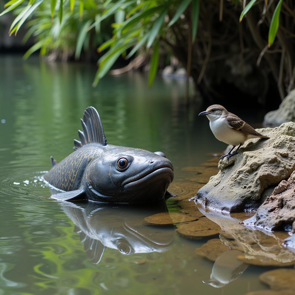 African catfish hunting a bird in shallow water