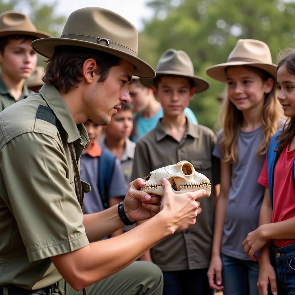 A ranger educating children about cheetah conservation