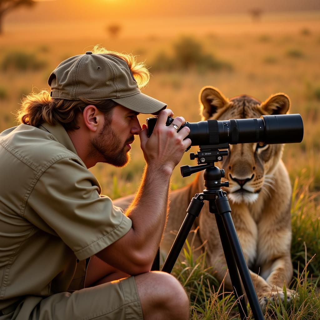 David Poore photographing a lioness in the wild