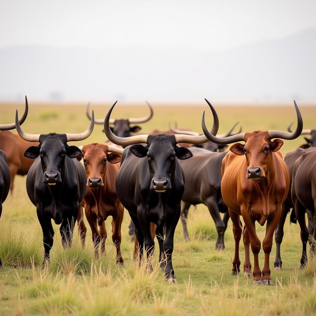 Various African cattle breeds with long horns grazing