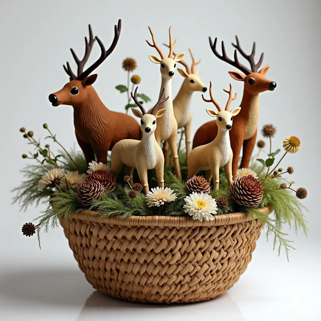 African centerpiece with a woven basket, animal figurines, and natural elements.