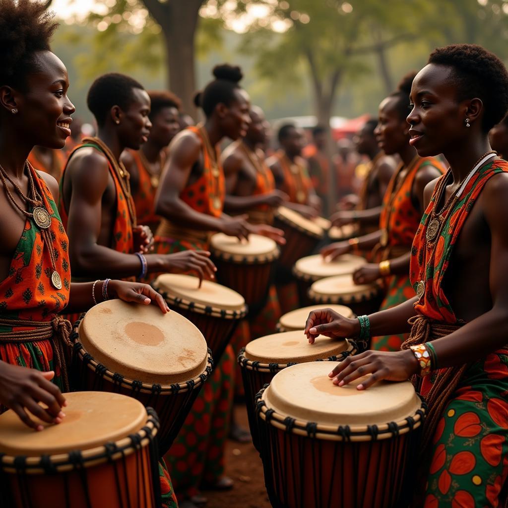 A group of people playing drums in a rhythmic pattern, possibly as part of a traditional African ceremony