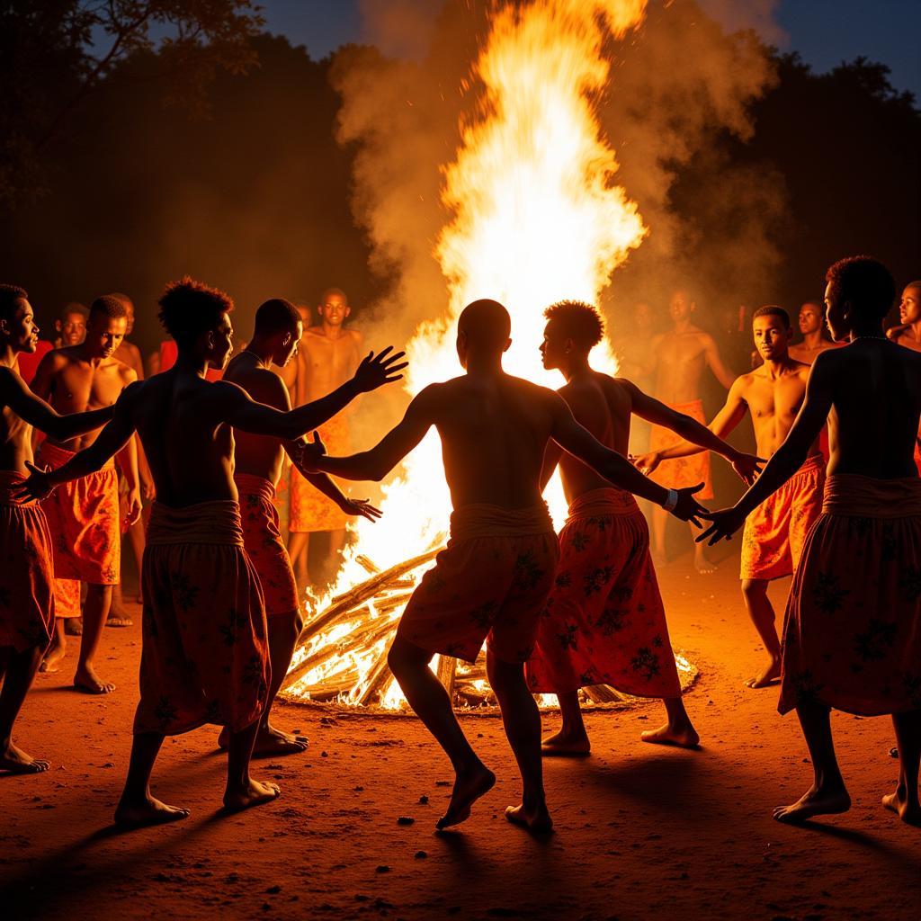 African Ceremony with Bonfire and Dancing