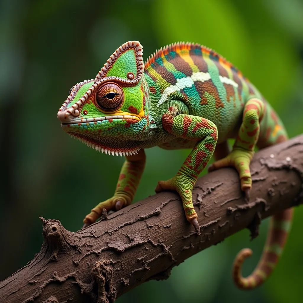 African Chameleon Camouflaged on a Branch