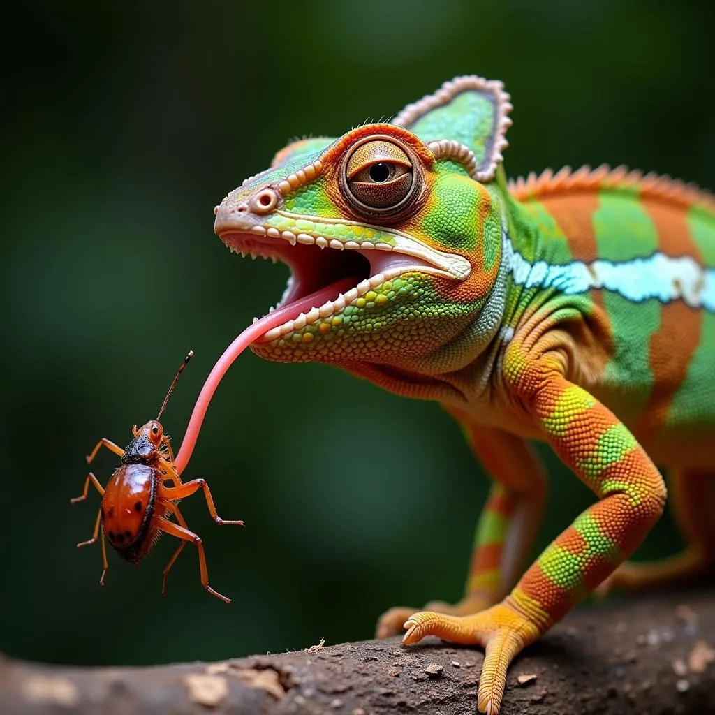 African Chameleon Catching Insect with Tongue