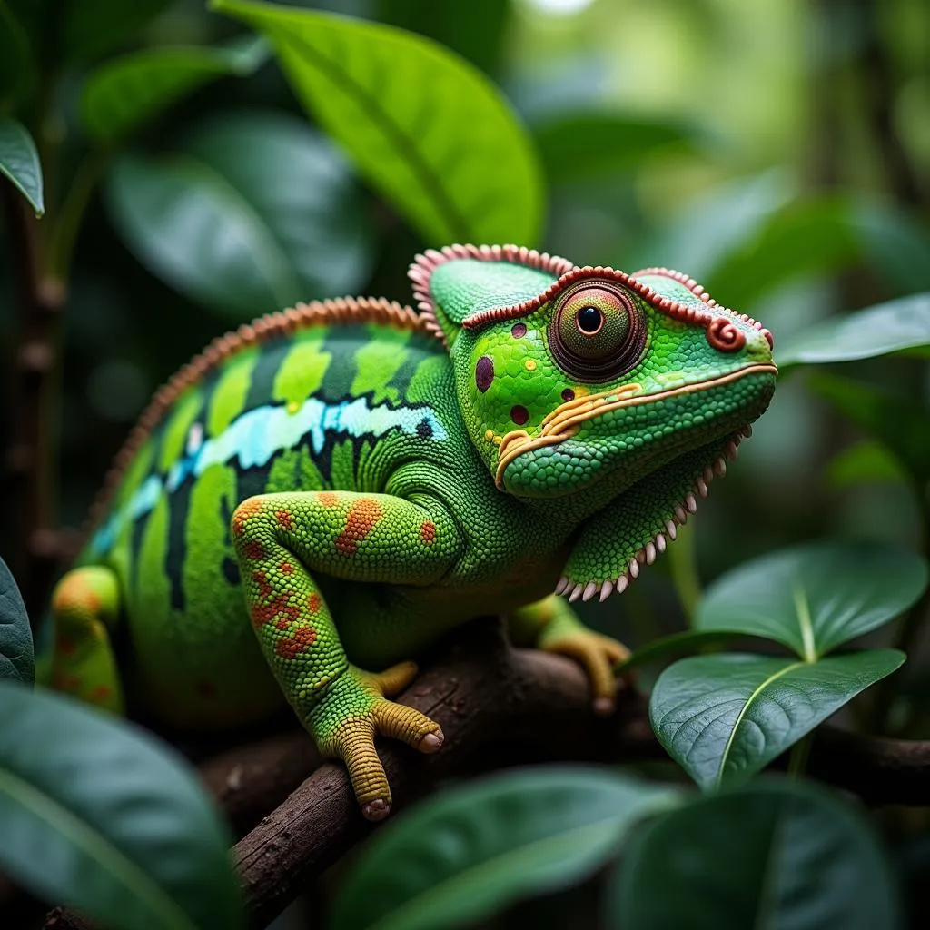 African Chameleon in Vibrant Green Foliage