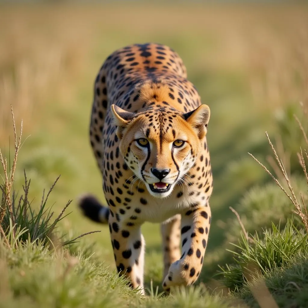 African cheetah stalking prey in the grass