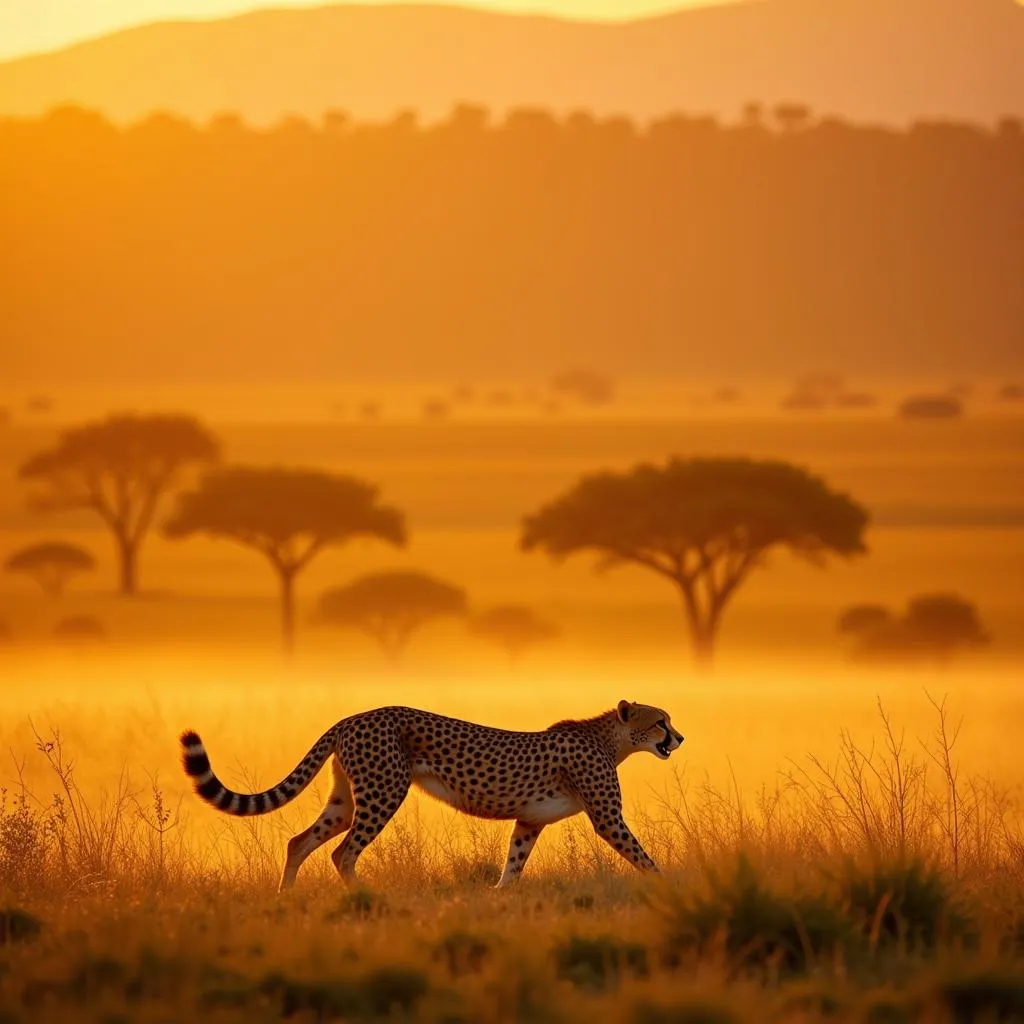 African cheetah running at full speed in the savanna