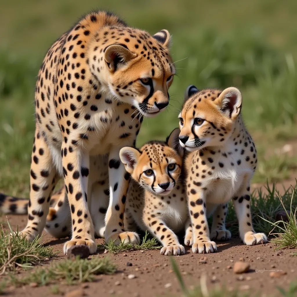 An African cheetah mother with her cubs