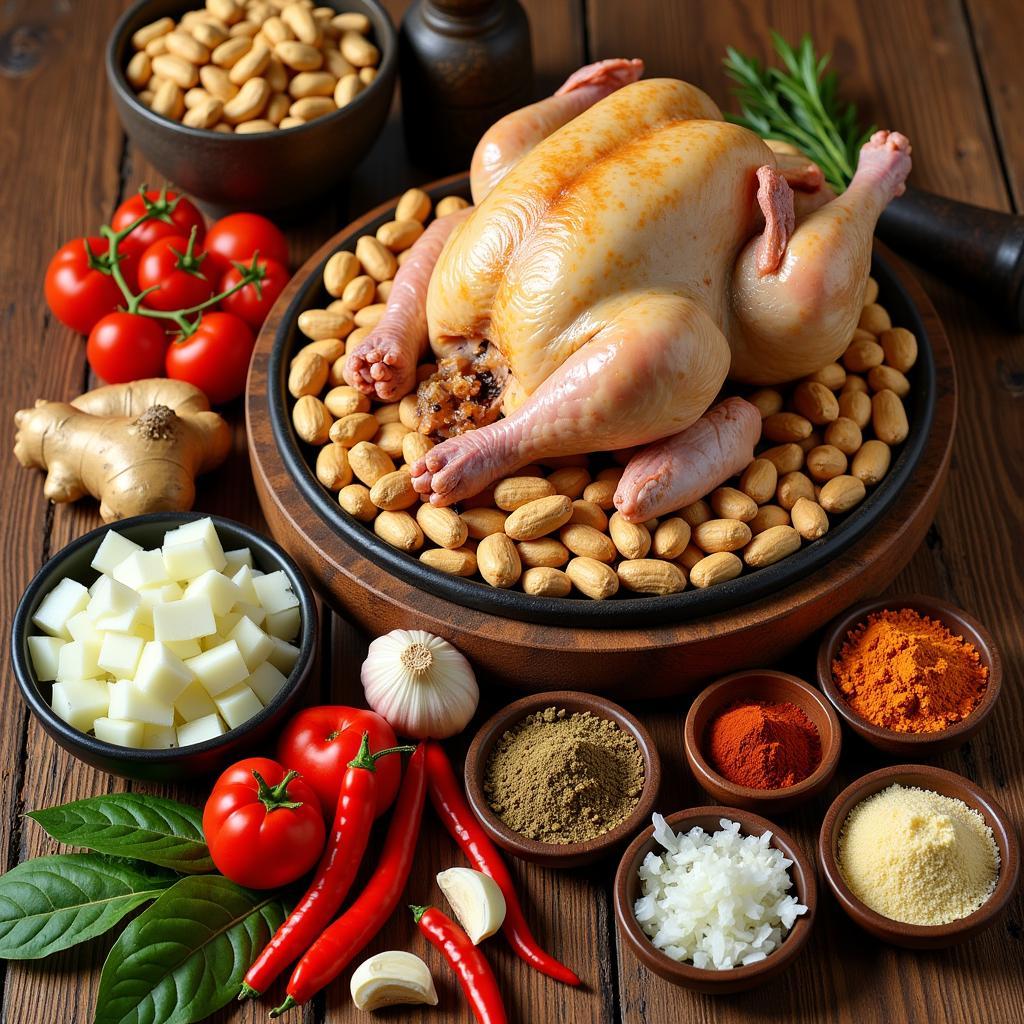 A colorful array of fresh ingredients for African chicken peanut soup