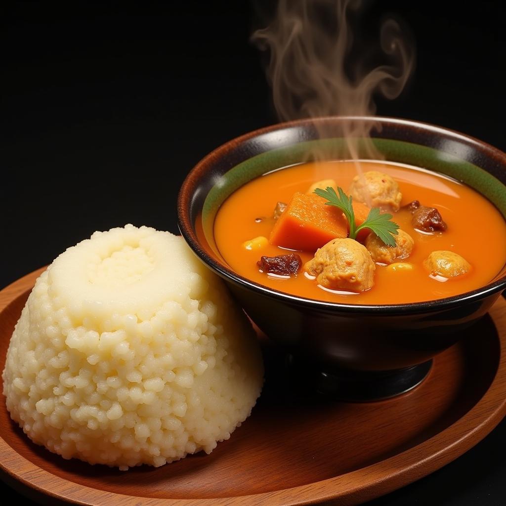 A bowl of African chicken peanut soup served with a side of fufu