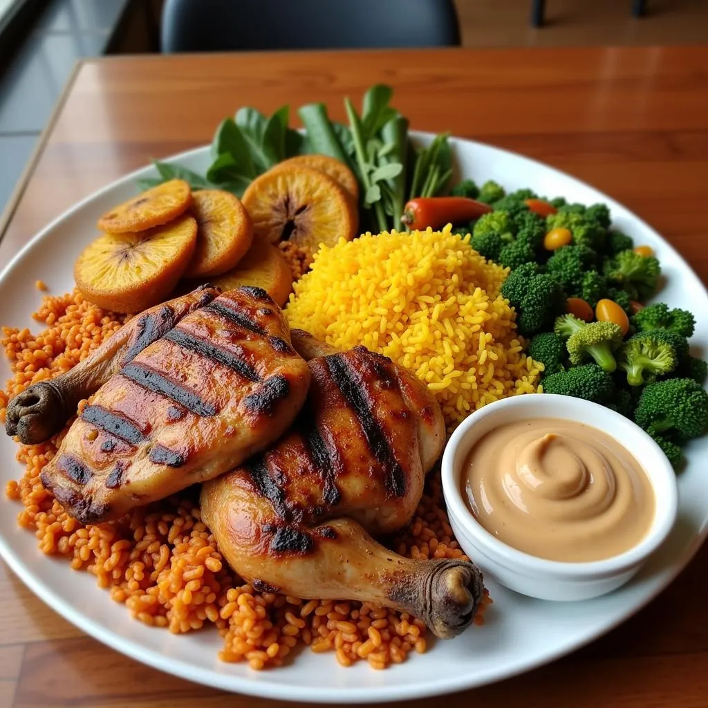 Colorful African Chicken Platter with Jollof Rice and Fried Plantains