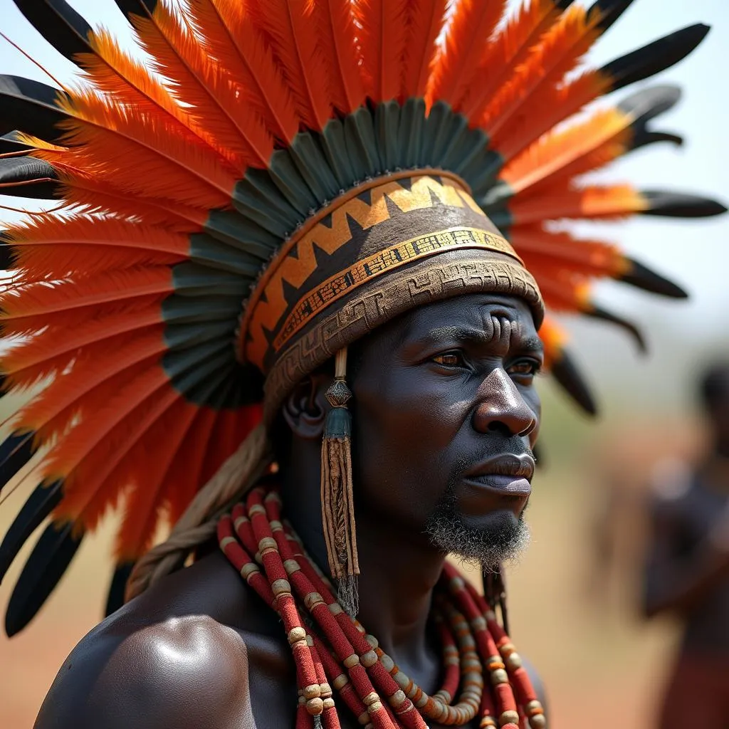 African Chief Wearing Elaborate Feather Headdress