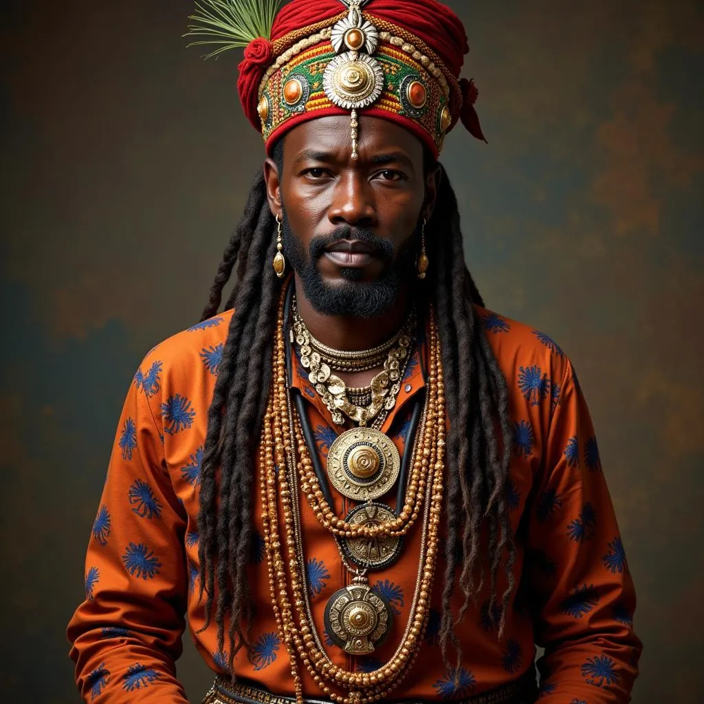 African chieftain adorned in traditional regalia