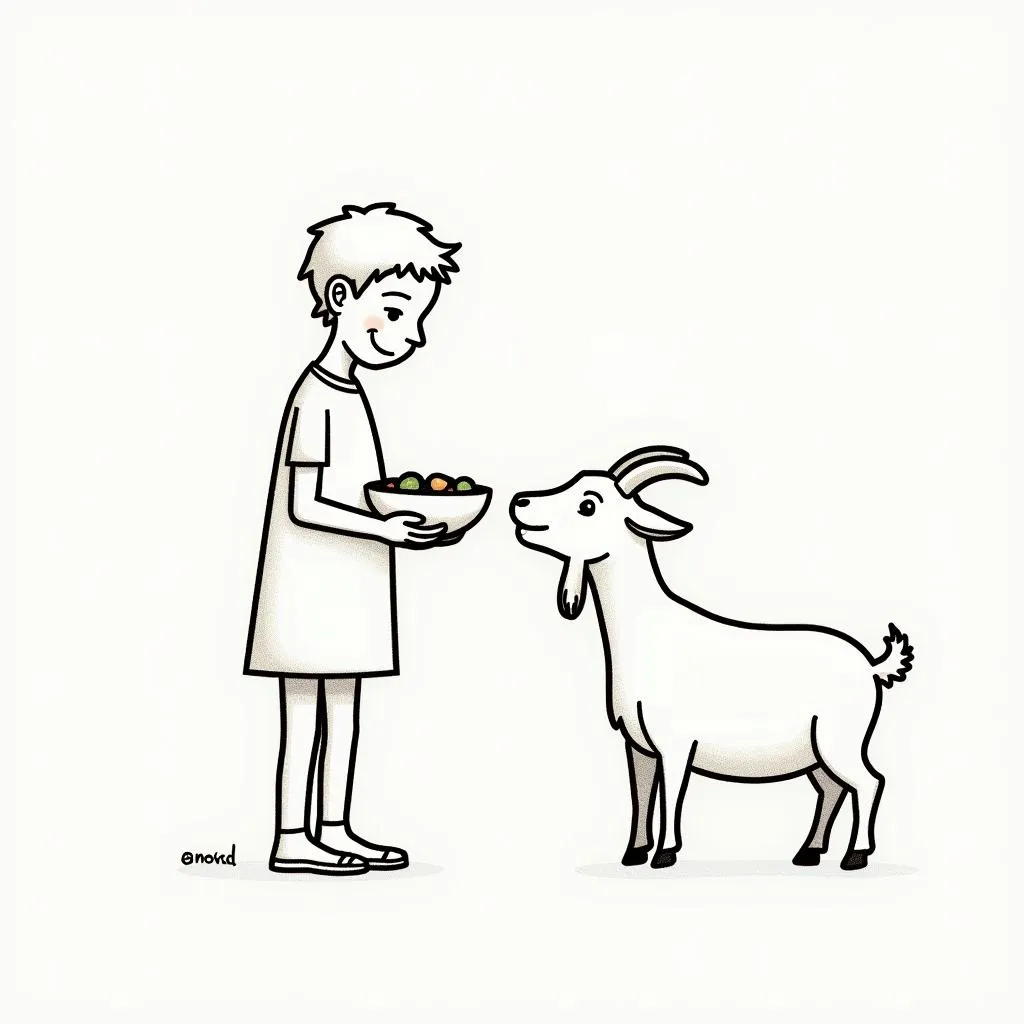 Line art of an African child feeding a goat