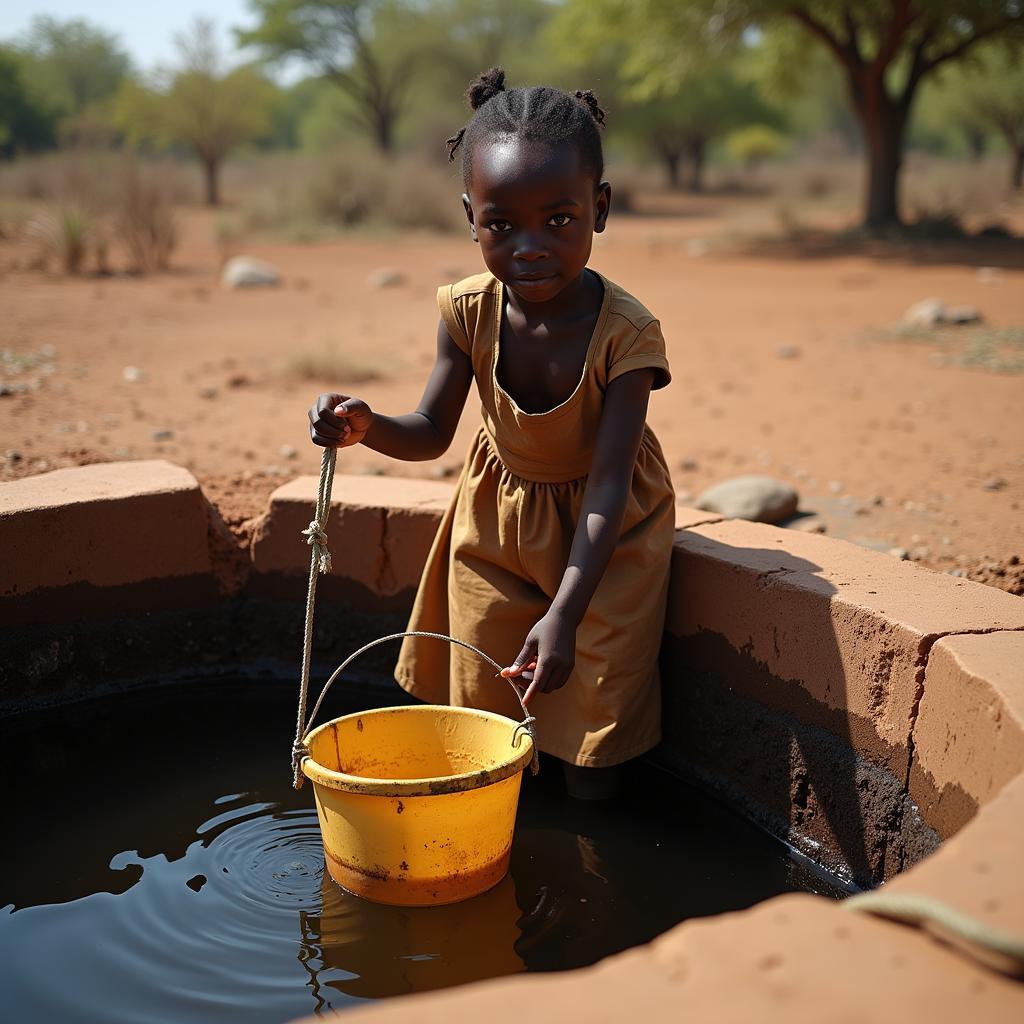 African Child Fetching Water from Well