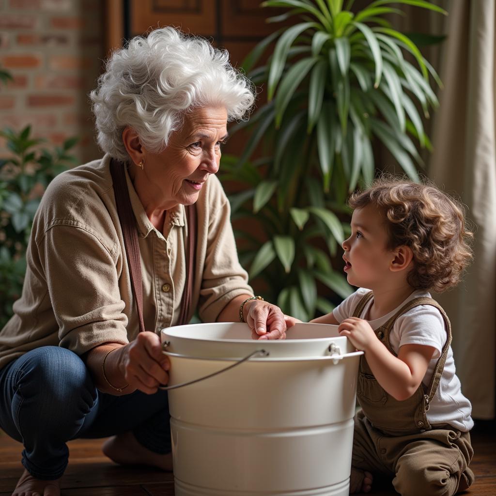 African Child Learning Bucket Bath from Grandmother